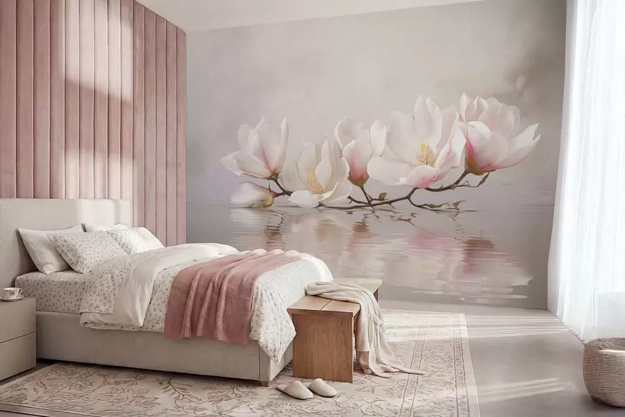 Wall Mural Photo Wallpaper Magnolia branch with blossoms above calm water reflection w05353v1