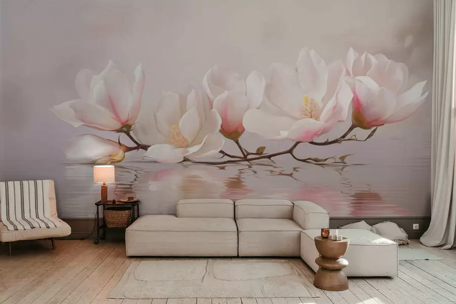 murales Rama de magnolia con flores sobre el reflejo de aguas tranquilas w05353v1