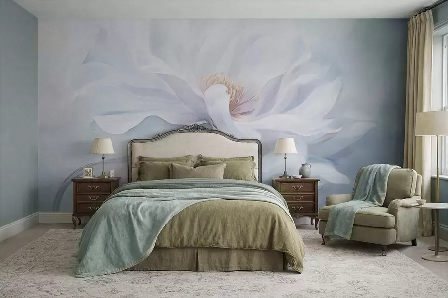 murales Flor blanca suave con pétalos fluidos sobre fondo azul. w05354