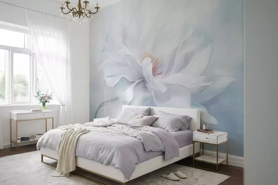 murales Flor blanca suave con pétalos fluidos sobre fondo azul. w05354