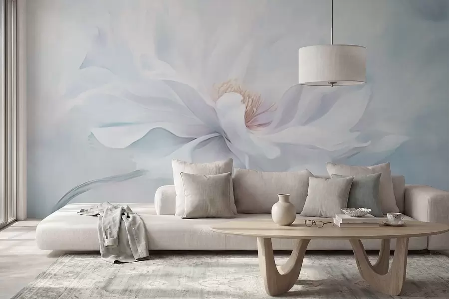 Wall Mural Photo Wallpaper Soft white flower with flowing petals on blue background w05354