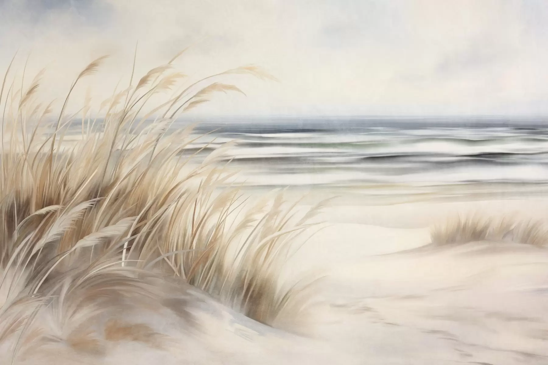 peintures murales Paysage texturé avec de l'herbe sèche sur une plage de sable, avec l'océan et le ciel en arrière-plan w09739
