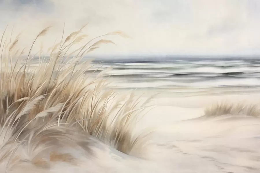 murales Paisaje con textura, con hierba seca en una playa de arena, con el océano y el cielo al fondo. w09739