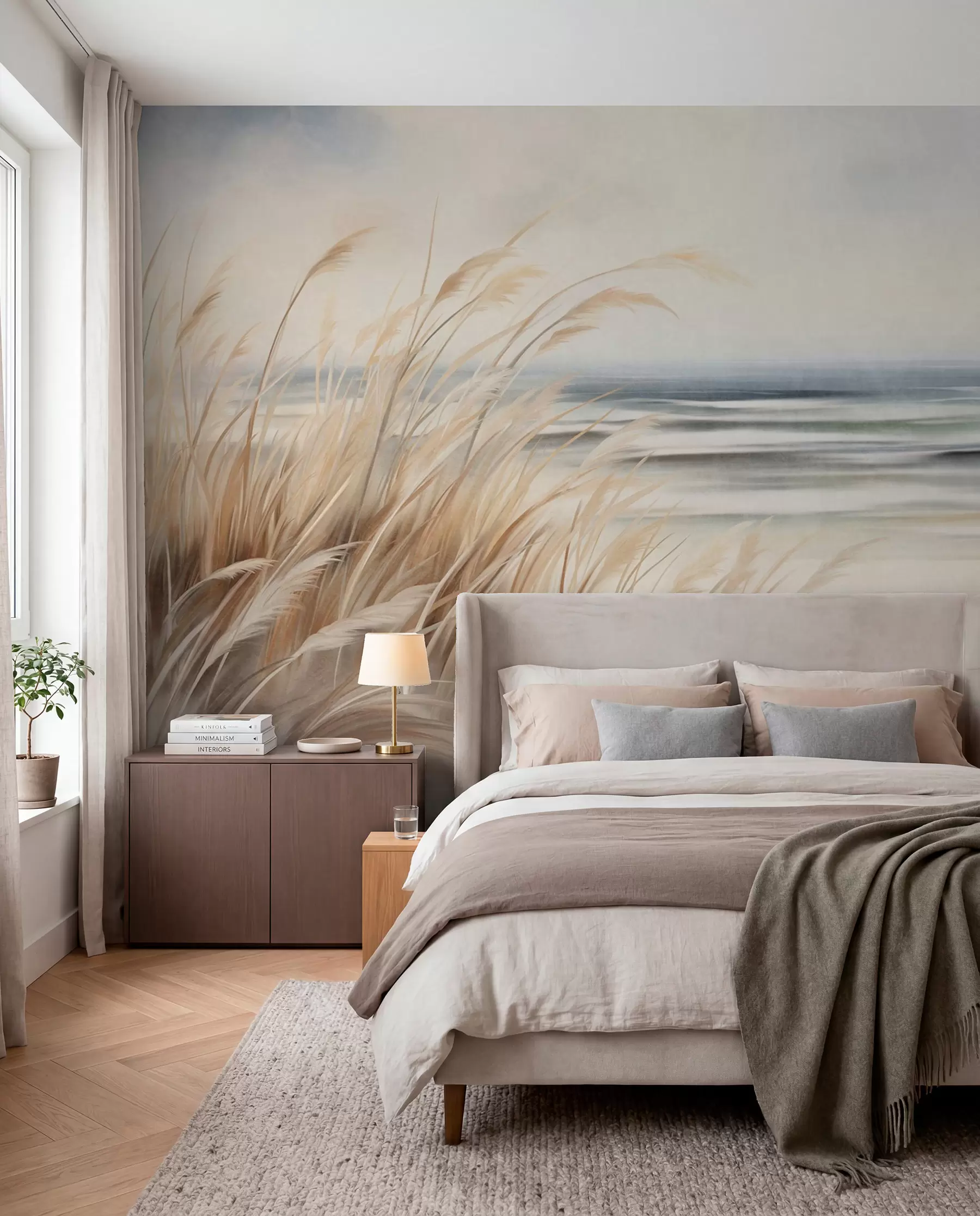 murales Paisaje con textura, con hierba seca en una playa de arena, con el océano y el cielo al fondo. w09739