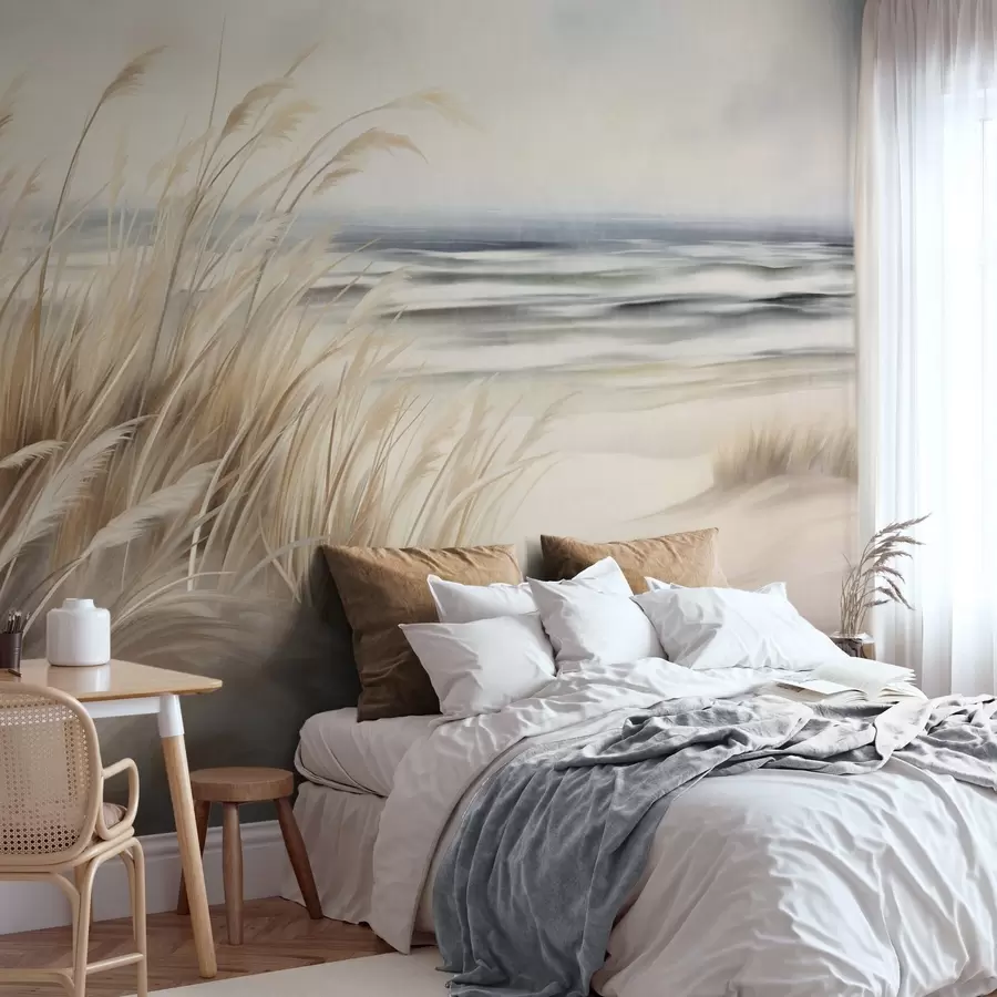 wall murals Textured landscape with dry grass on a sandy beach, with the ocean and sky in the background w09739