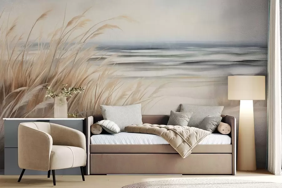 murales Paisaje con textura, con hierba seca en una playa de arena, con el océano y el cielo al fondo. w09739