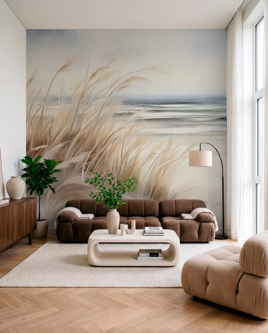 wall murals Textured landscape with dry grass on a sandy beach, with the ocean and sky in the background w09739