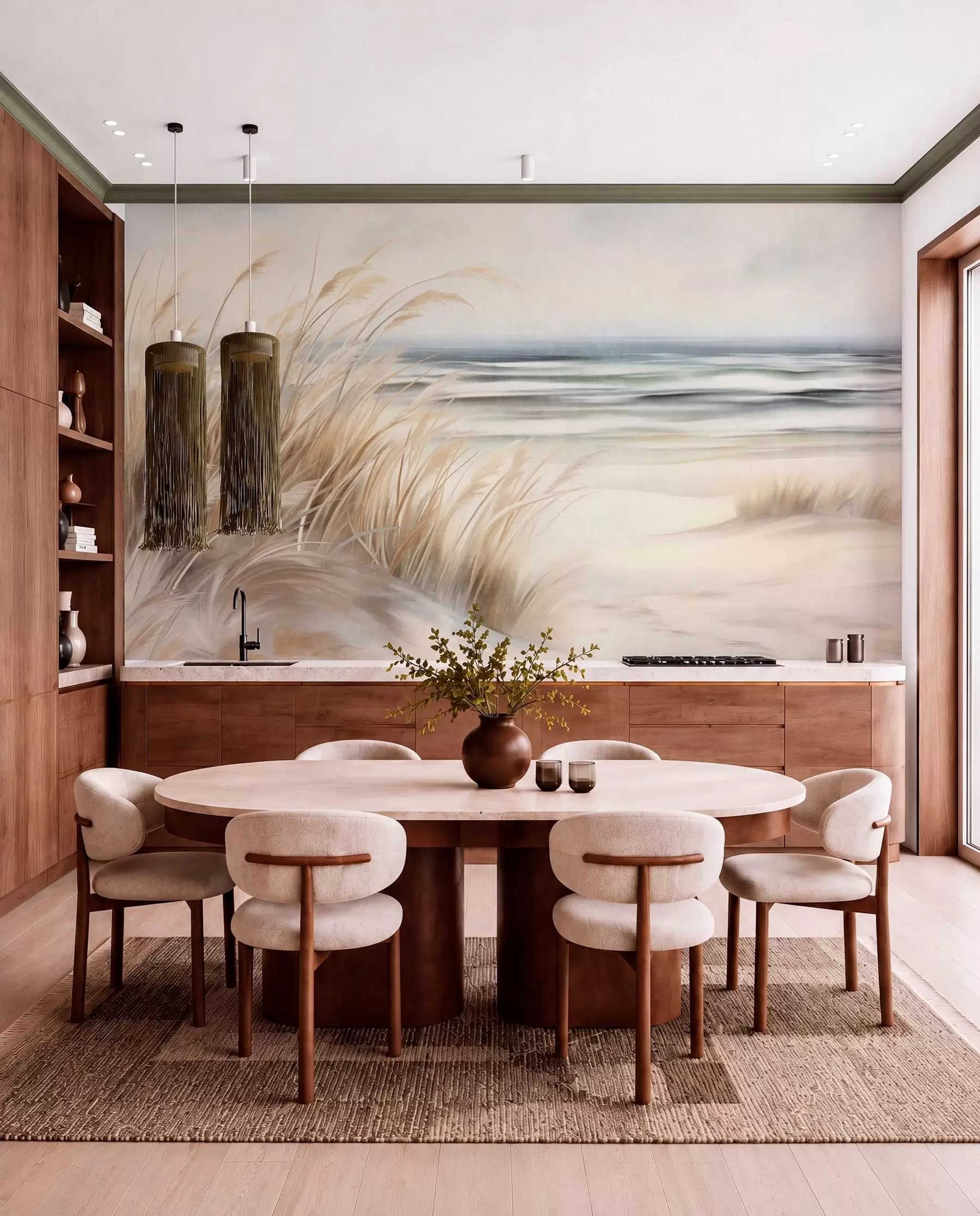 Wall Mural Photo Wallpaper Textured landscape with dry grass on a sandy beach, with the ocean and sky in the background w09739