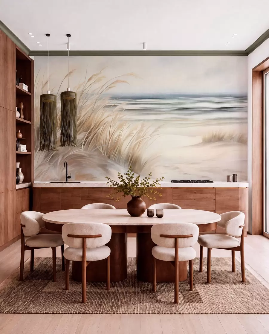 Wall Mural Photo Wallpaper Textured landscape with dry grass on a sandy beach, with the ocean and sky in the background w09739
