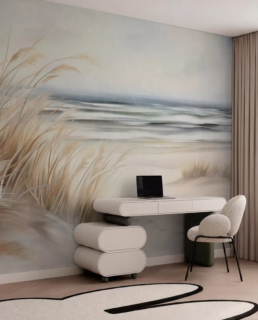 Wall Mural Photo Wallpaper Textured landscape with dry grass on a sandy beach, with the ocean and sky in the background w09739
