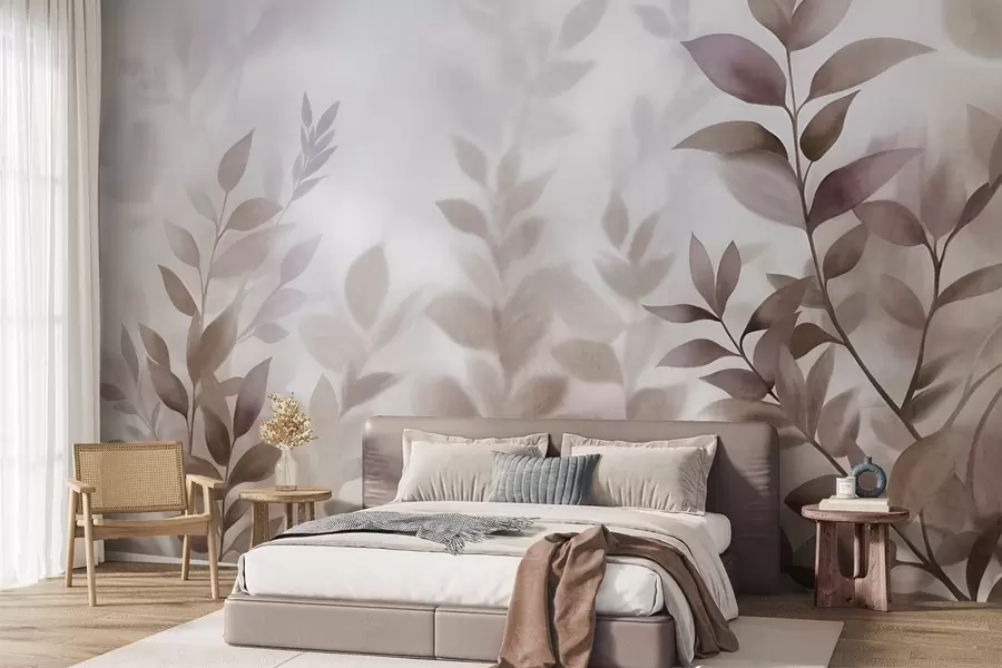 murales Ramas delicadas con hojas de tonos marrones y beiges apagados, estilo acuarela, arte con textura. w09750