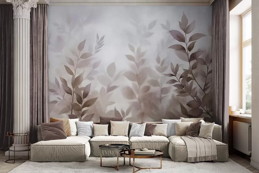 Wall Mural Photo Wallpaper Delicate branches with muted brown and beige leaves, watercolor painting style, textured art w09750