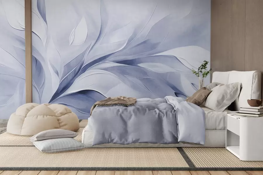 Wall Mural Photo Wallpaper Abstract textured painting style of pale blue and white flowing leaves w09765