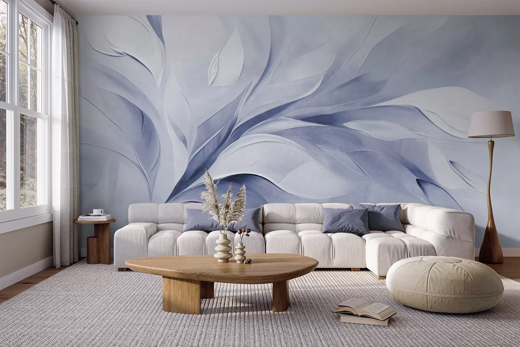 Wall Mural Photo Wallpaper Abstract textured painting style of pale blue and white flowing leaves w09765