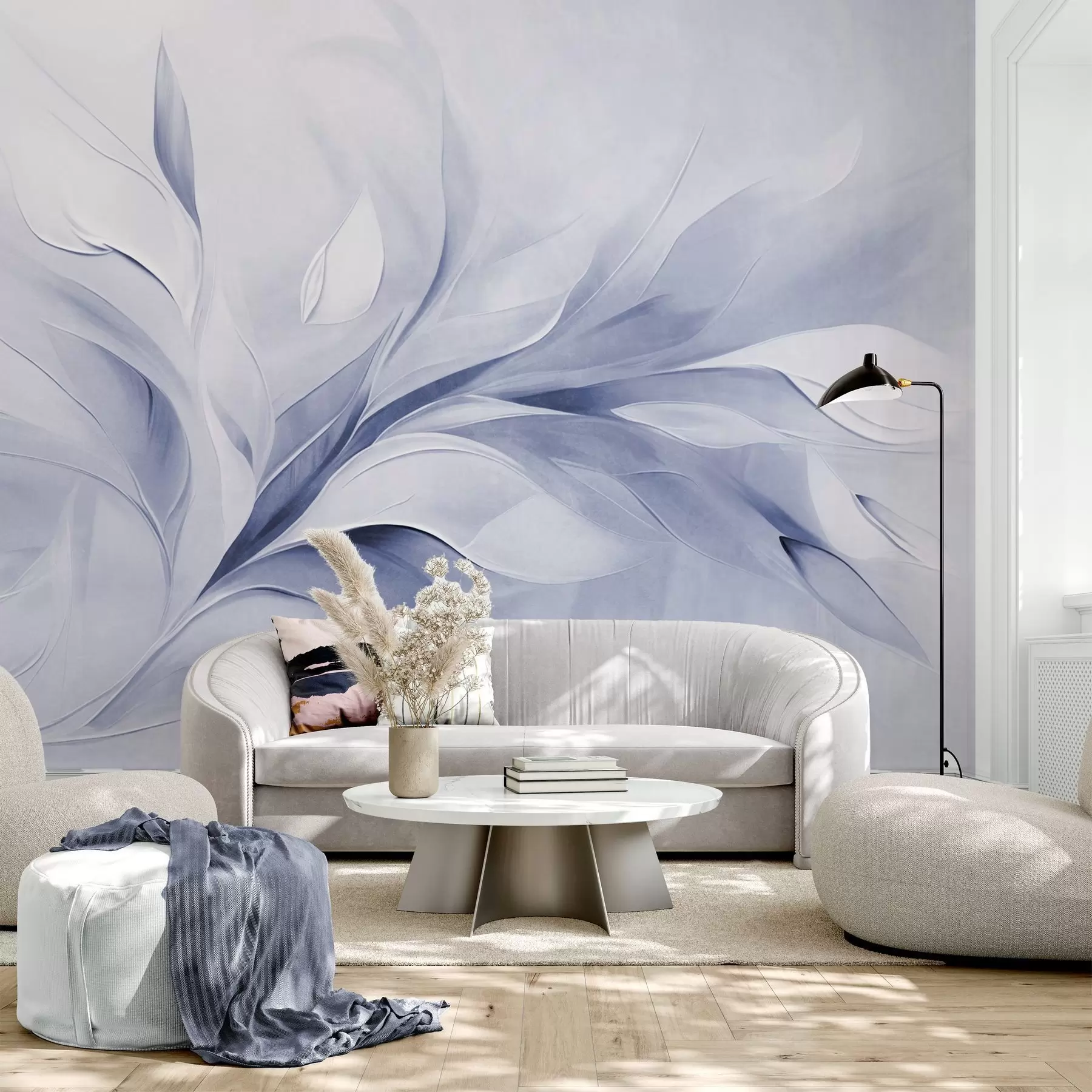 Wall Mural Photo Wallpaper Abstract textured painting style of pale blue and white flowing leaves w09765