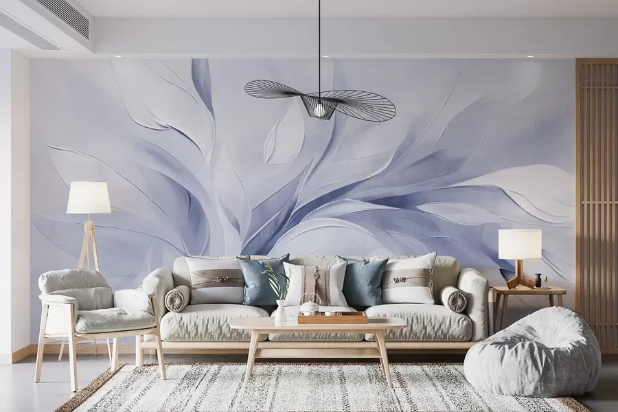 Wall Mural Photo Wallpaper Abstract textured painting style of pale blue and white flowing leaves w09765
