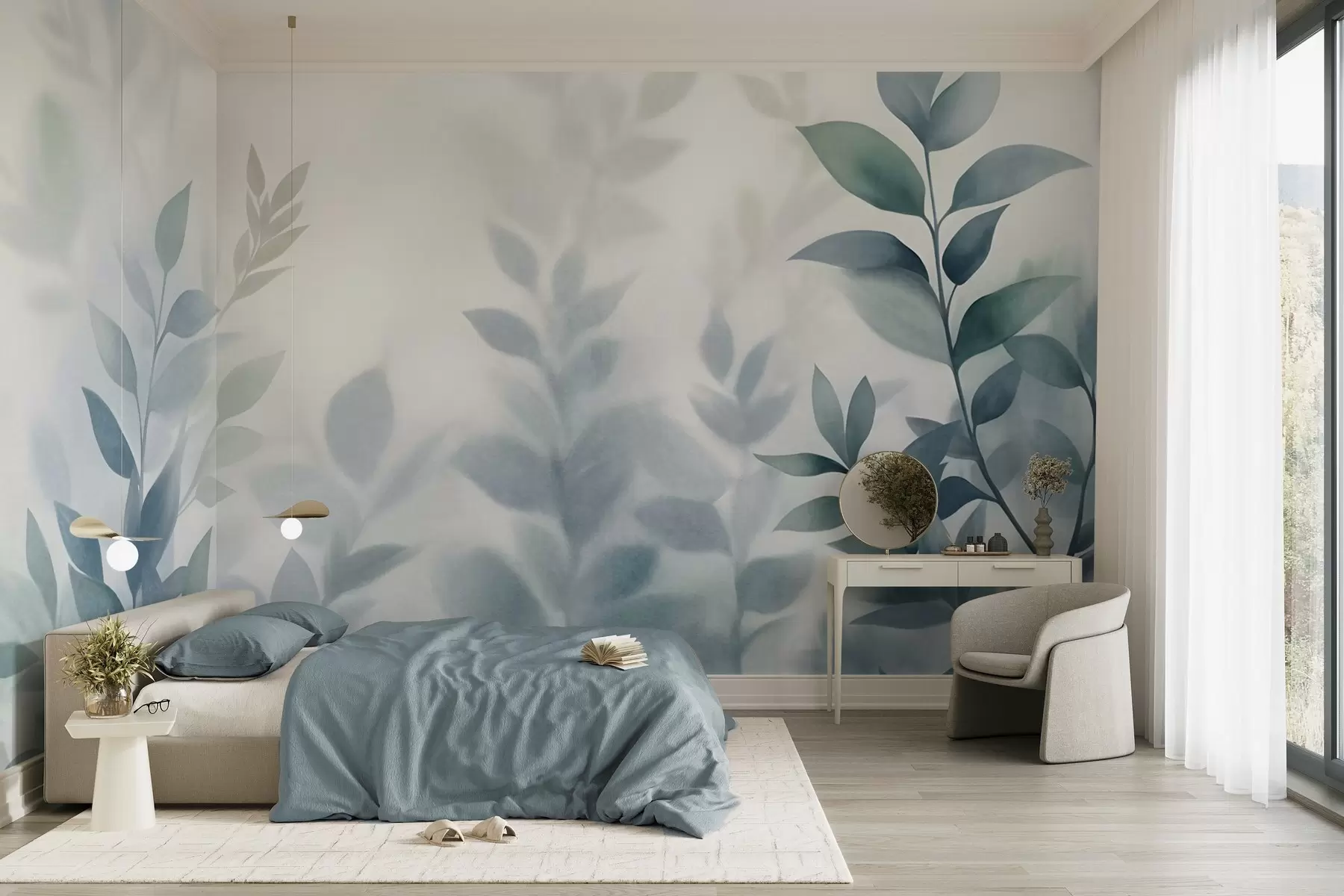 Wall Mural Photo Wallpaper Delicate branches with muted blue leaves, watercolor painting style, textured art w09750v1