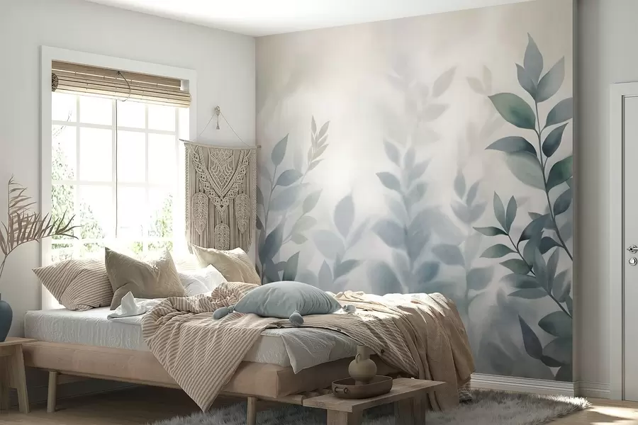 Wall Mural Photo Wallpaper Delicate branches with muted blue leaves, watercolor painting style, textured art w09750v1