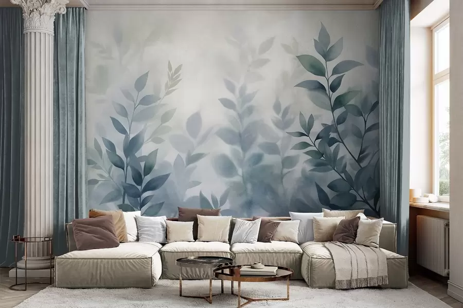 murales Ramas delicadas con hojas de color azul apagado, estilo de pintura acuarela, arte con textura. w09750v1