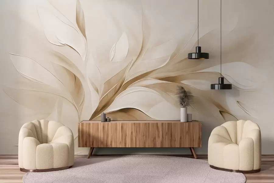 Wall Mural Photo Wallpaper Abstract textured painting style of beige and white flowing leaves w09765v1