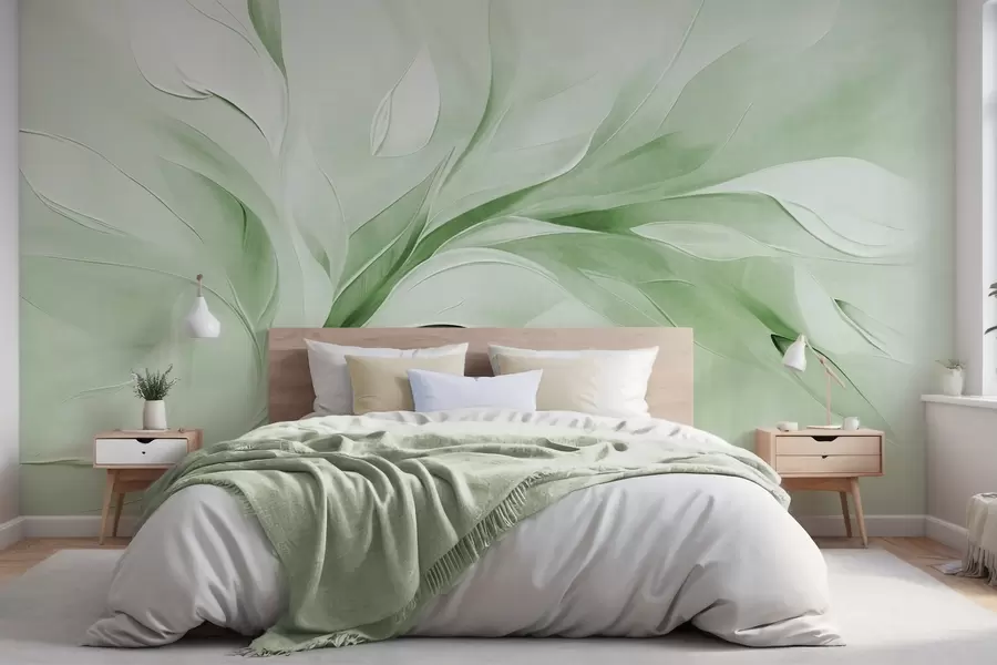 Wall Mural Photo Wallpaper Abstract textured painting style of green and white flowing leaves w09765v2