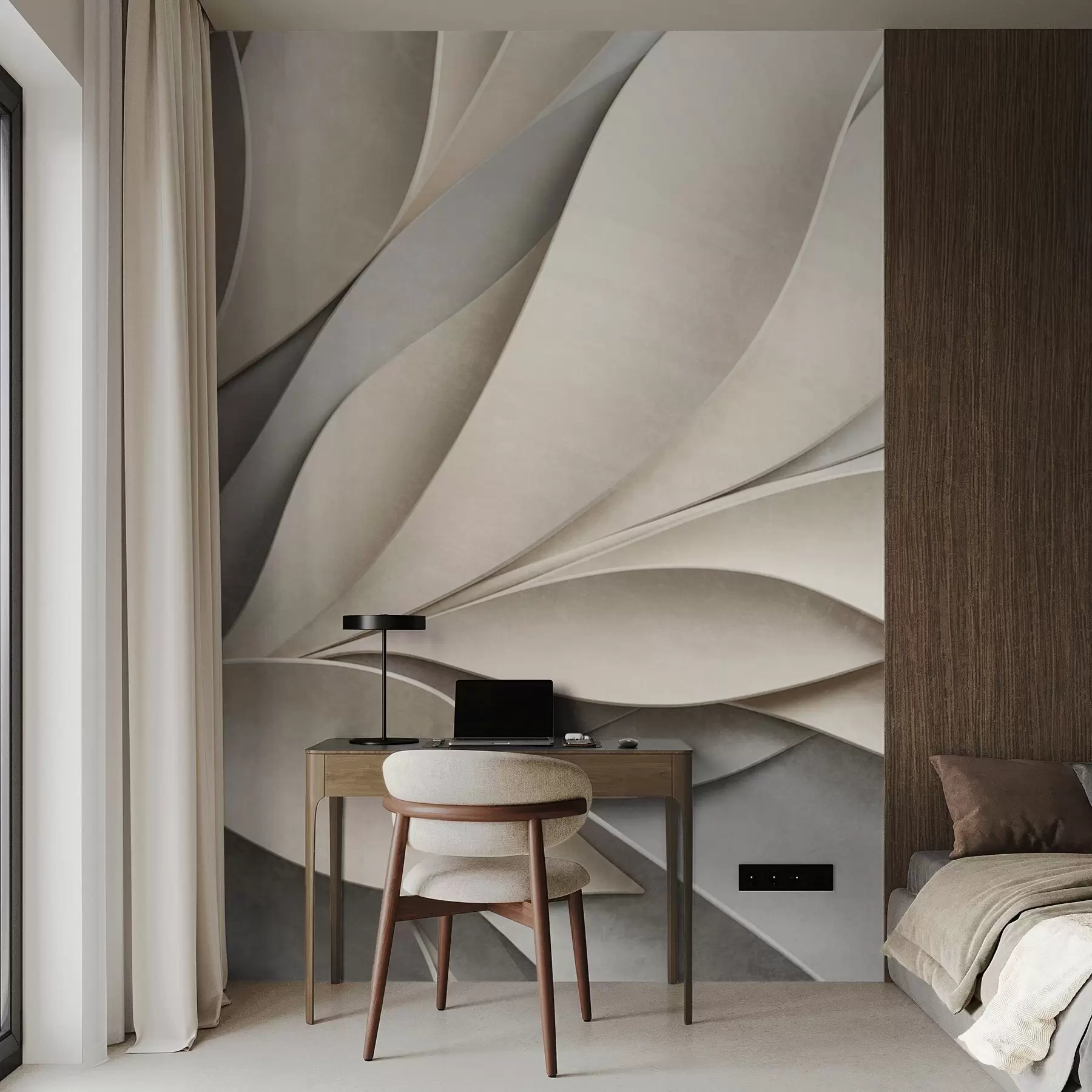 murais de parede Folhas abstratas em bege e cinza, arte moderna texturizada w09769