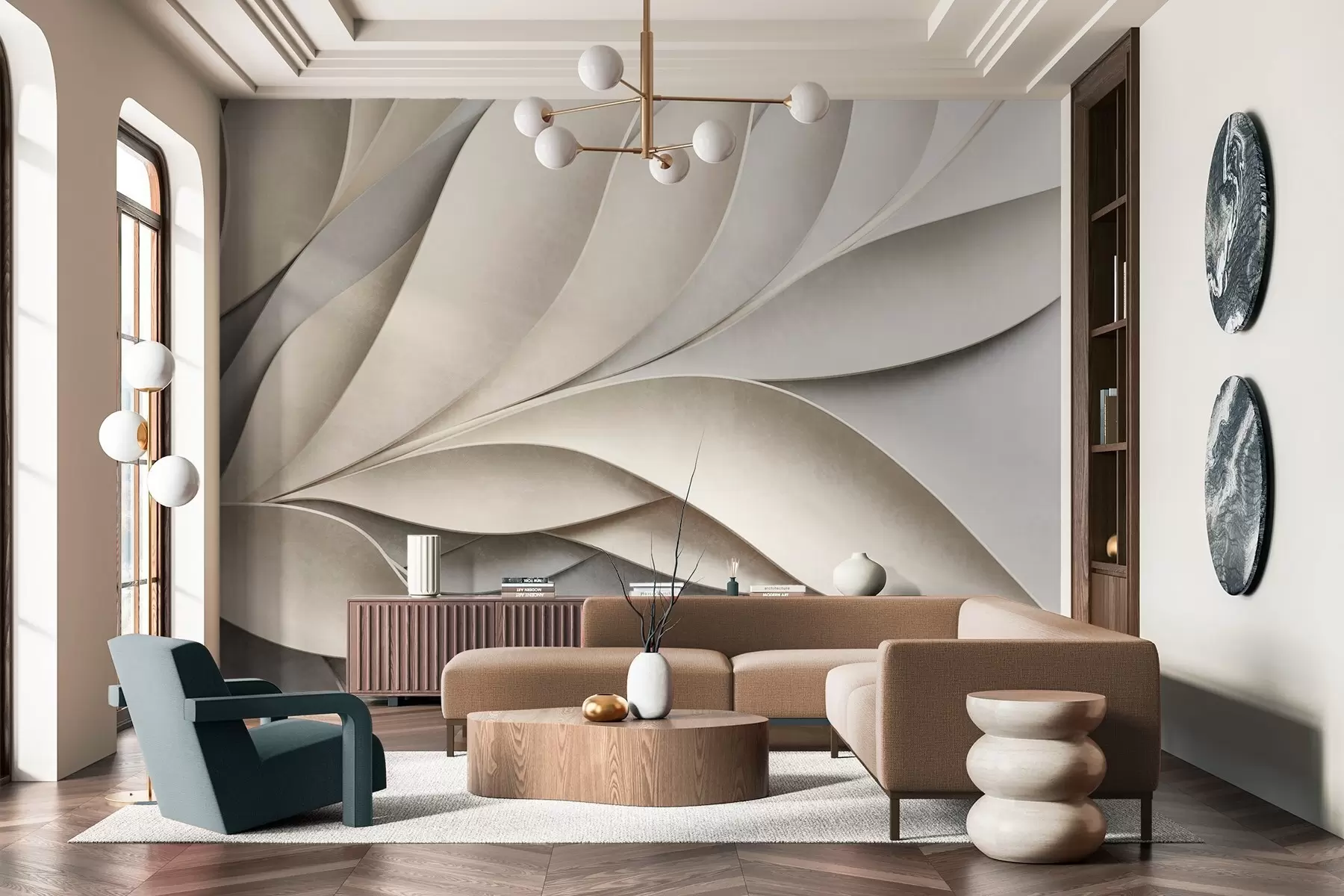 murales Hojas abstractas en beige y gris, arte moderno con textura. w09769