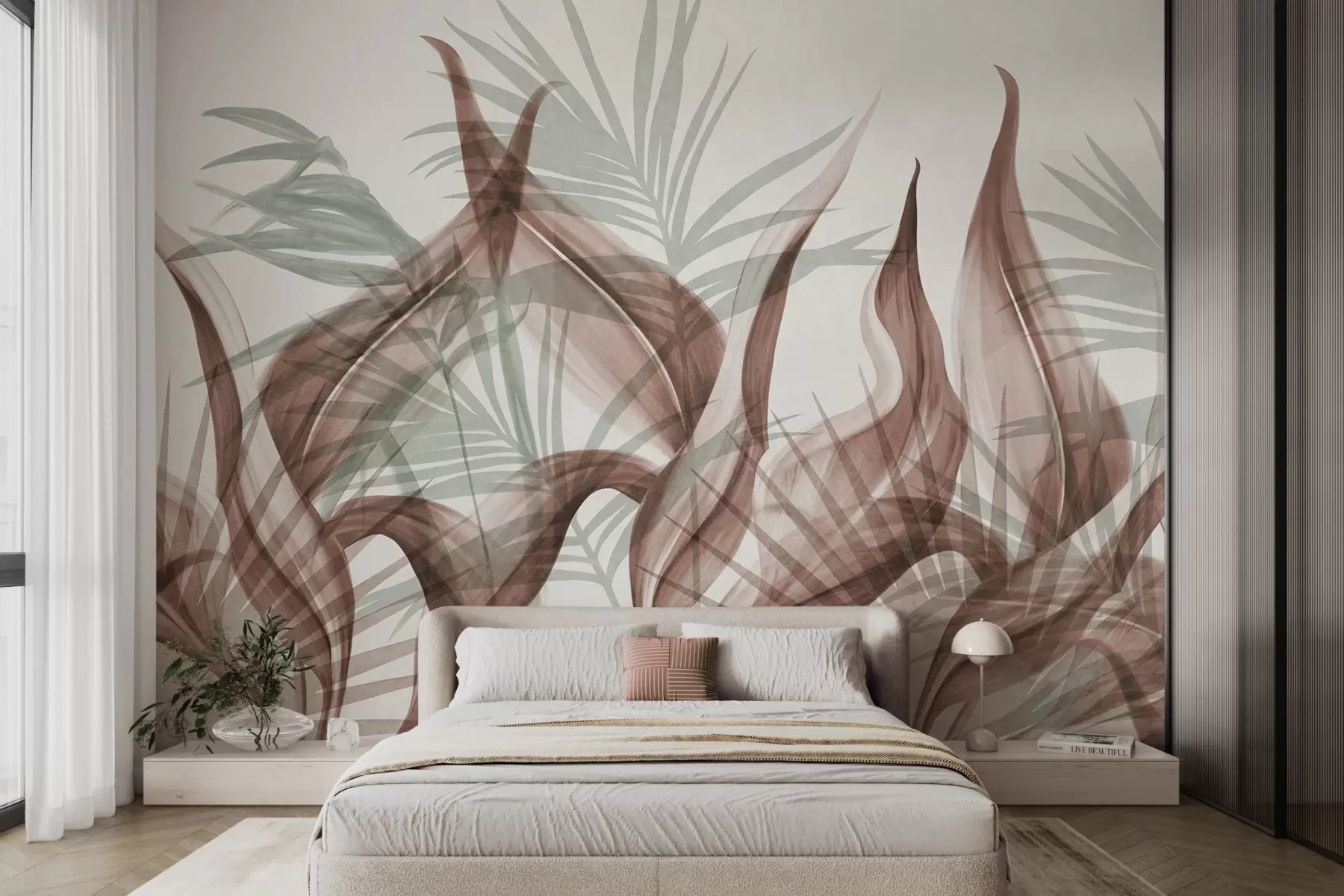 Wall Mural Photo Wallpaper Tropical leaves in shades of brown and green against a white background, textured watercolor style w09772