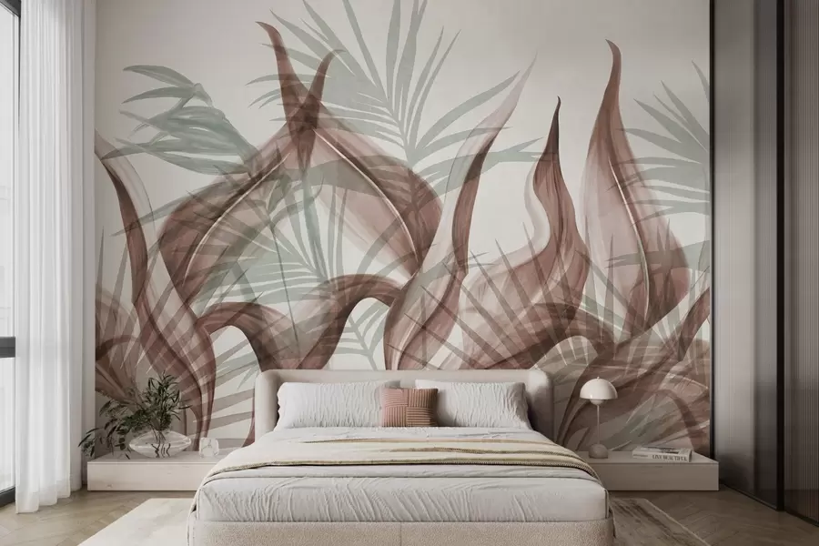 wall murals Tropical leaves in shades of brown and green against a white background, textured watercolor style w09772