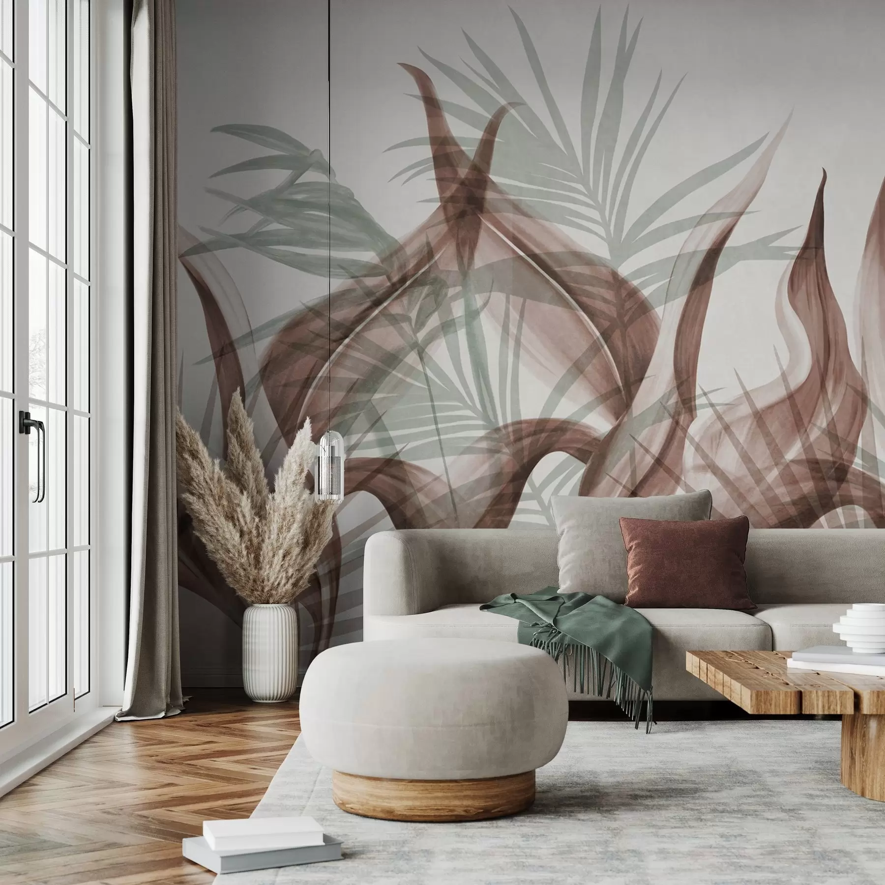 wall murals Tropical leaves in shades of brown and green against a white background, textured watercolor style w09772