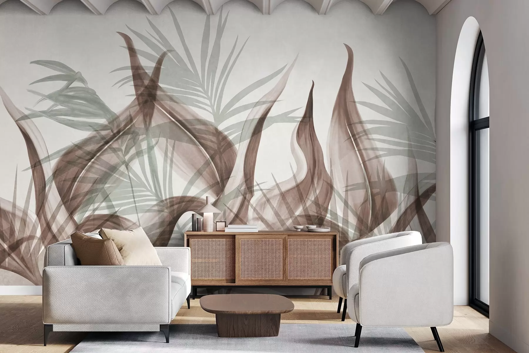 wall murals Tropical leaves in shades of brown and green against a white background, textured watercolor style w09772