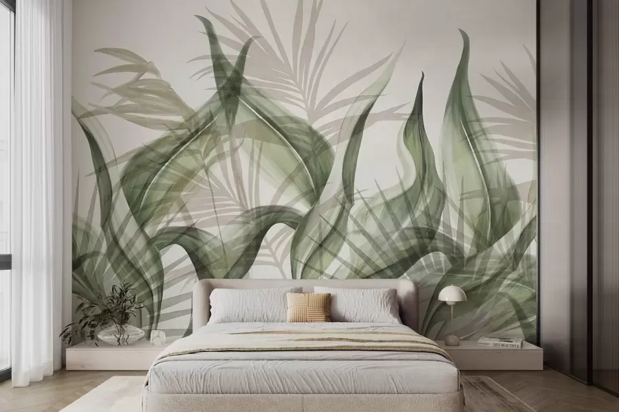 Wall Mural Photo Wallpaper Tropical leaves in shades of beige and green against a white background, textured watercolor style w09772v1