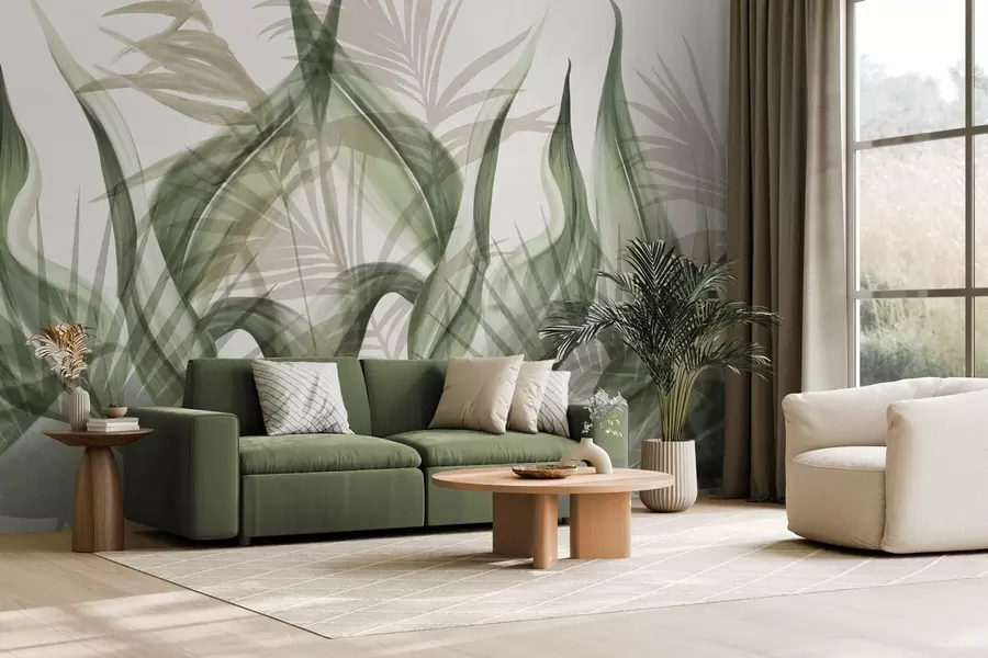 Wall Mural Photo Wallpaper Tropical leaves in shades of beige and green against a white background, textured watercolor style w09772v1