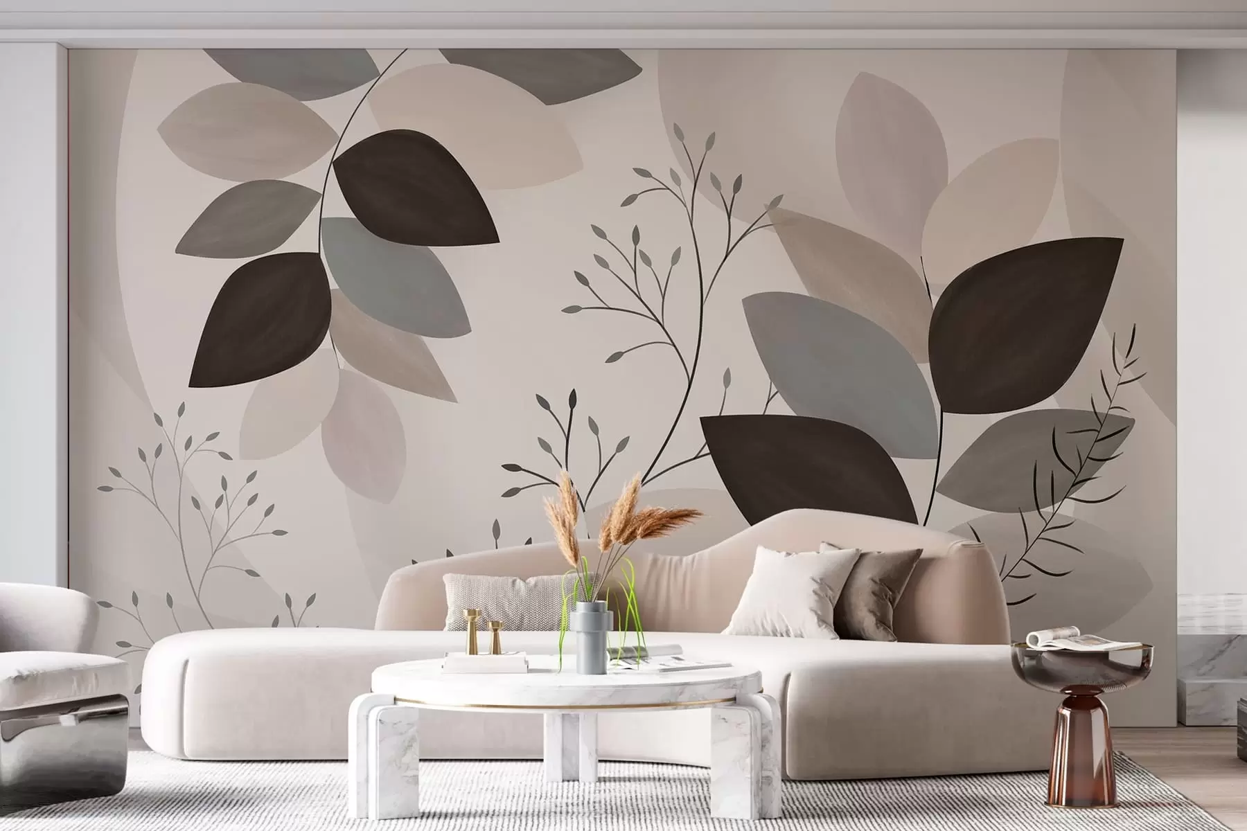 murales hojas y hierbas en tonos beige, gris y marrón w05237