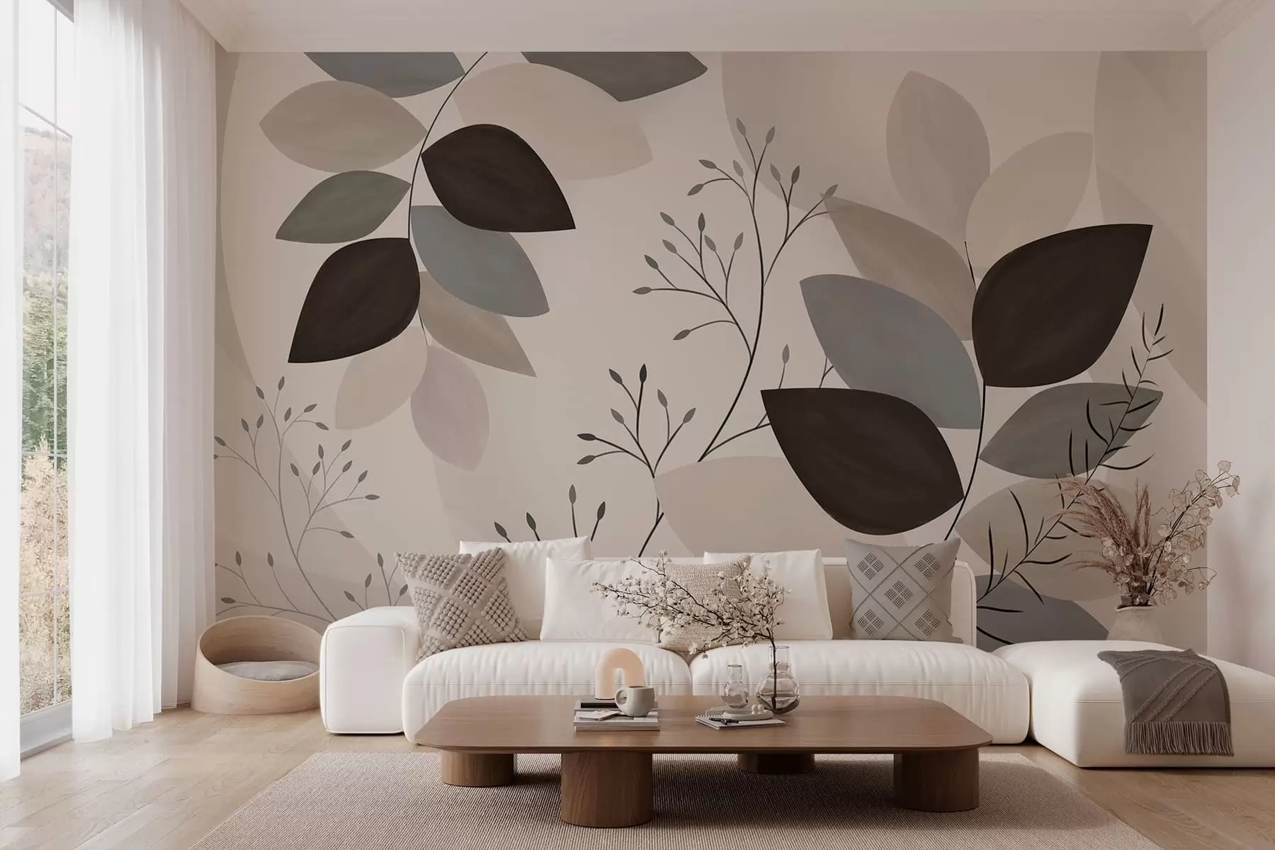 wall murals leaves and grasses in shades of beige, grey and brown w05237