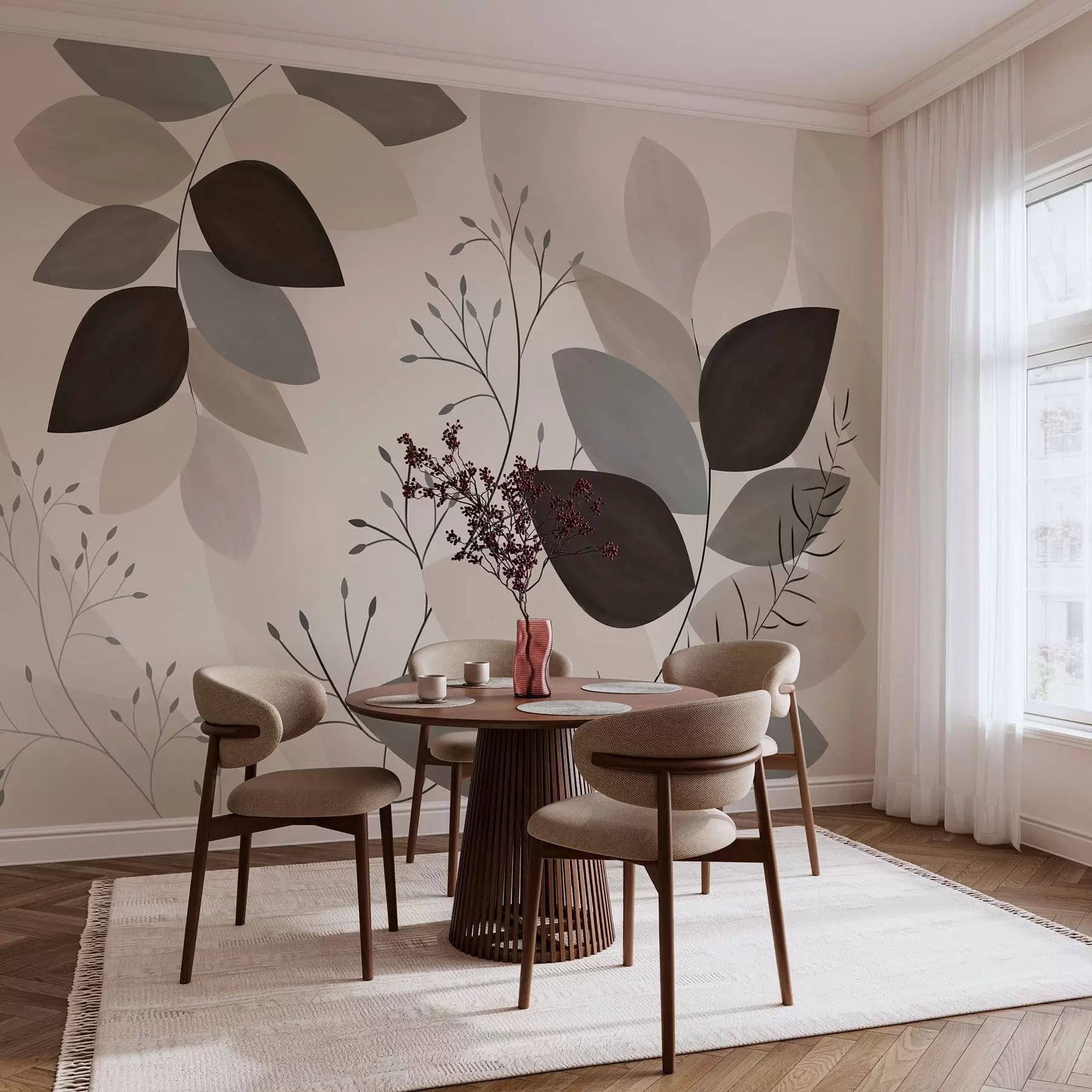 Wall Mural Photo Wallpaper leaves and grasses in shades of beige, grey and brown w05237