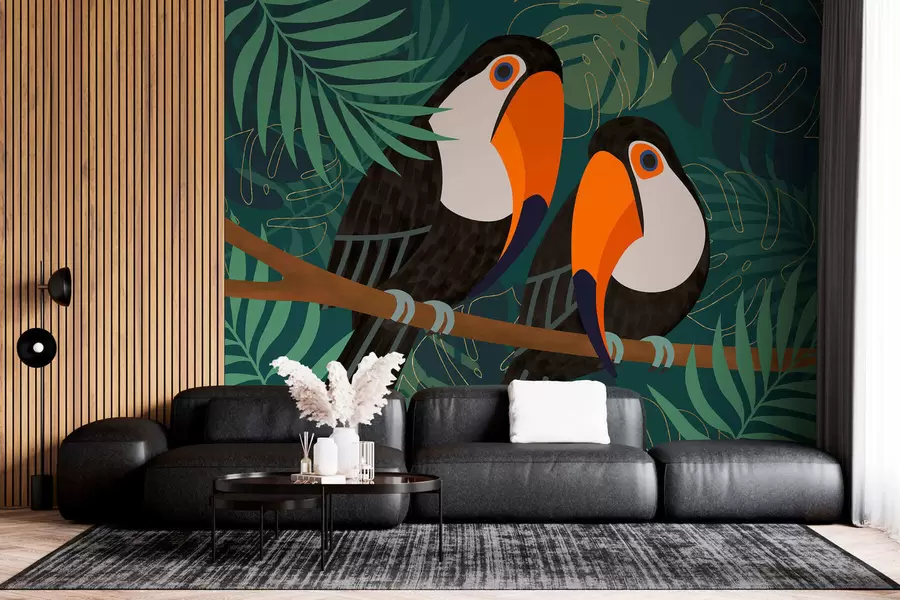 peintures murales deux toucans sur une branche, dans un style afro w05239