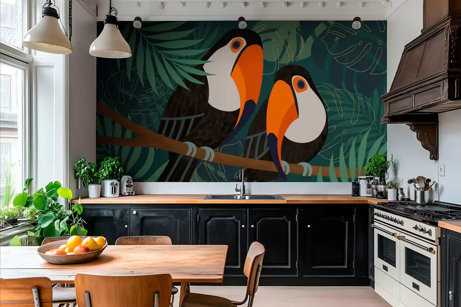 Wall Mural Photo Wallpaper pair of toucans on a branch in Afro style w05239