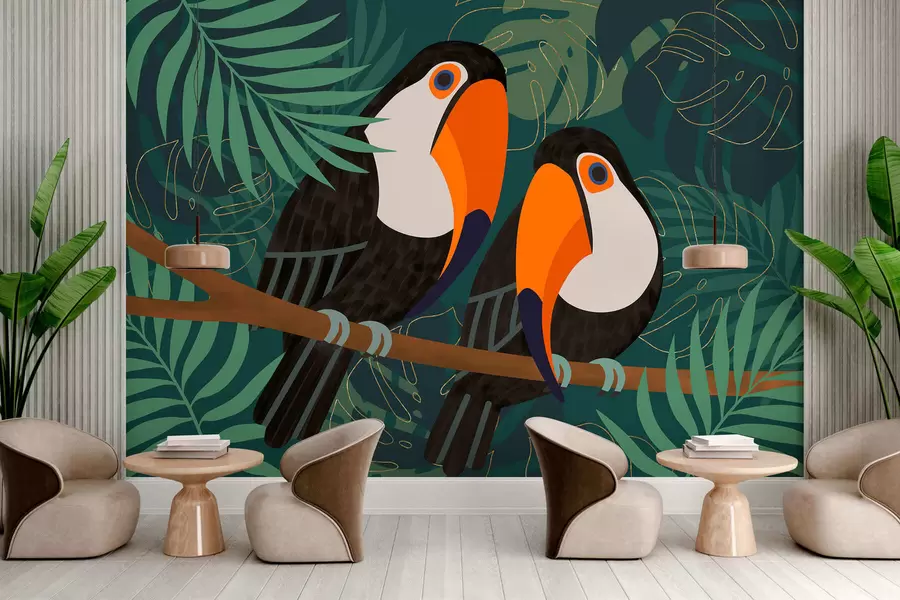 Wall Mural Photo Wallpaper pair of toucans on a branch in Afro style w05239