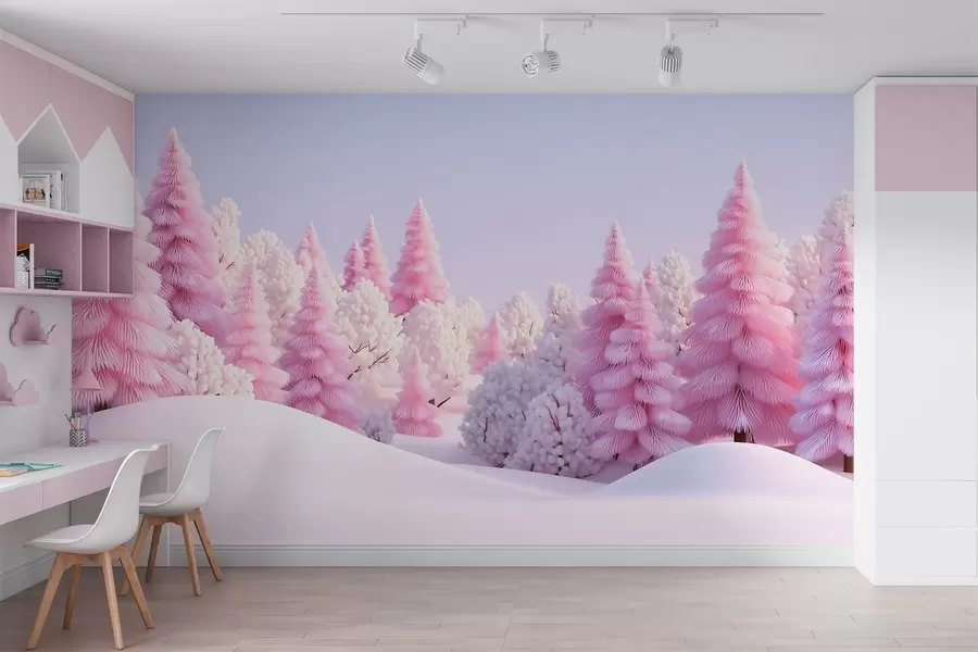 peintures murales Une forêt hivernale enneigée aux teintes roses w09654