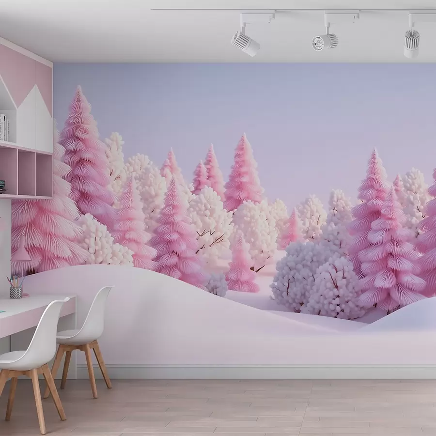 Wall Mural Photo Wallpaper Snowy winter forest in pink tones w09654
