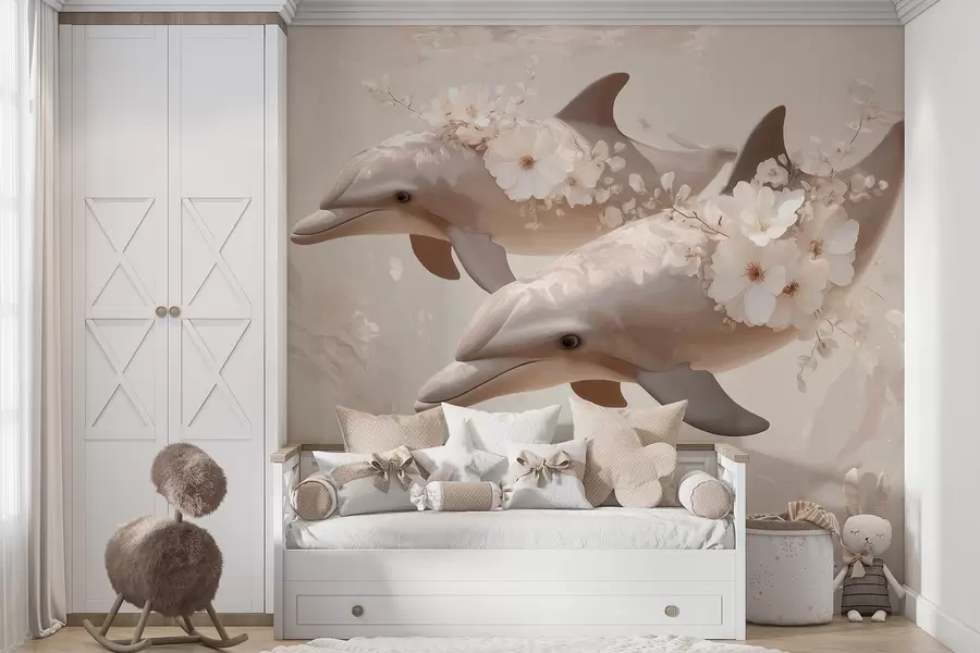 Wall Mural Photo Wallpaper Dolphins in an ocean of delicate flowers and soft light w09666