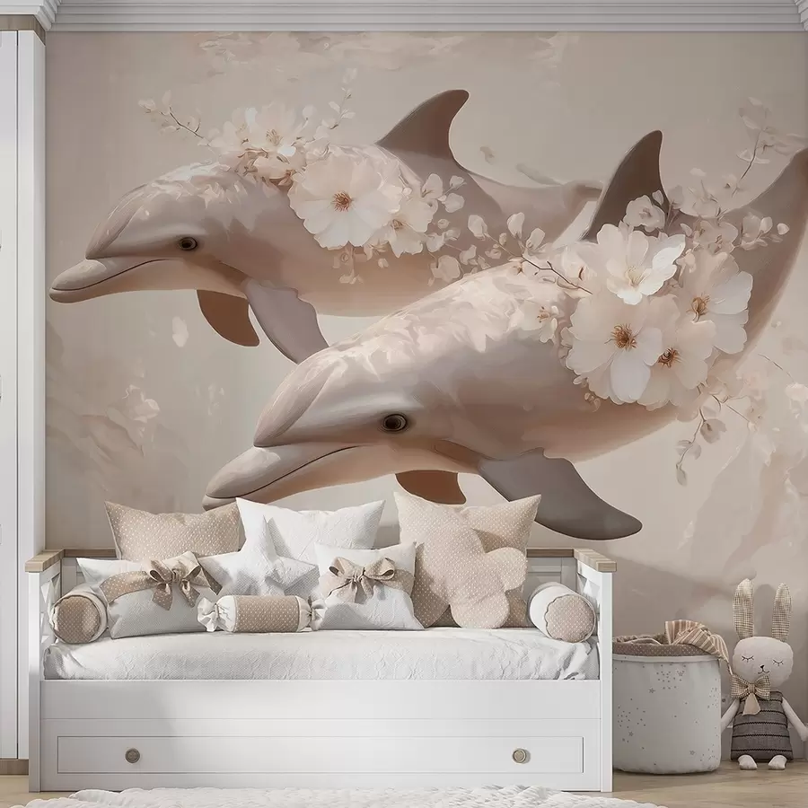 Wall Mural Photo Wallpaper Dolphins in an ocean of delicate flowers and soft light w09666