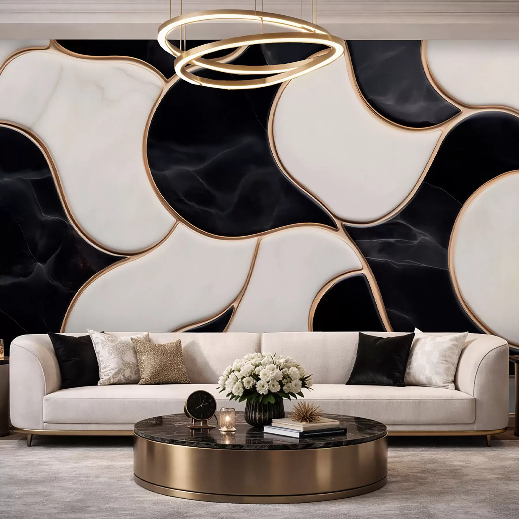 wall murals Abstract imitation of a marble composition in black and white tones with yellow lines w09733