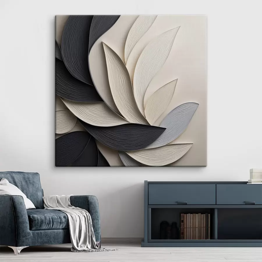 wall murals Abstract composition of layered leaves, curved shapes in black, white and beige, textured art s48381