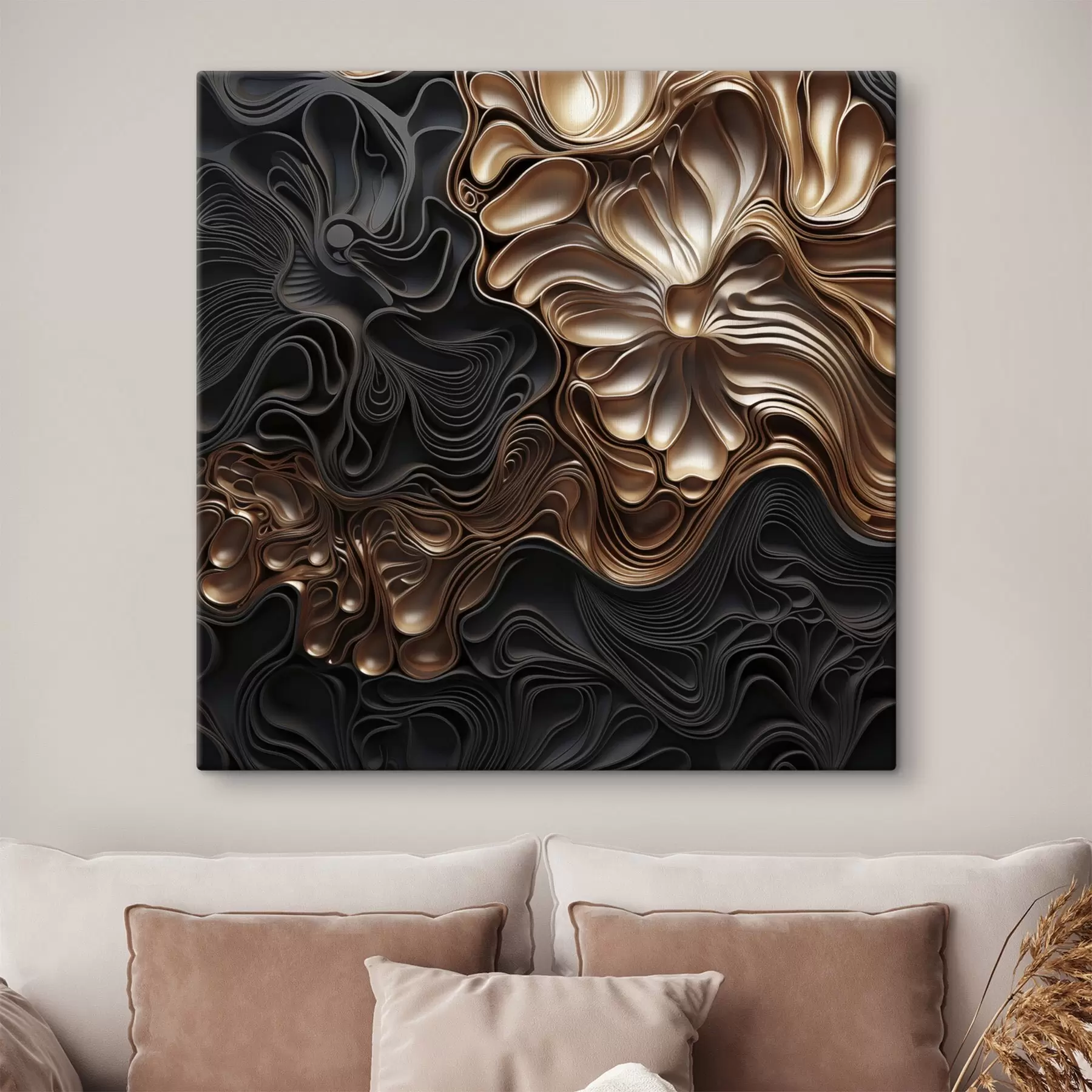 murales Formas oscuras abstractas, fluidas y orgánicas que crean una obra de arte moderno con textura s48383