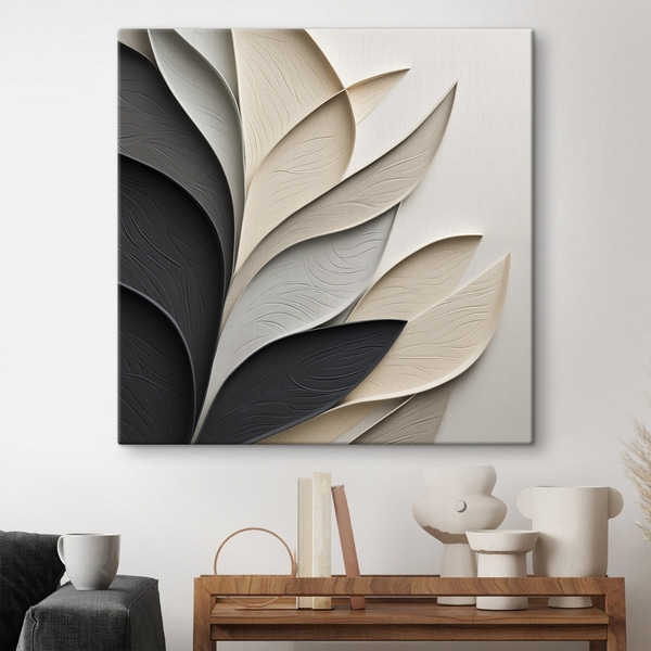 Abstract composition of layered leaves, curved shapes in black, white and beige, textured art