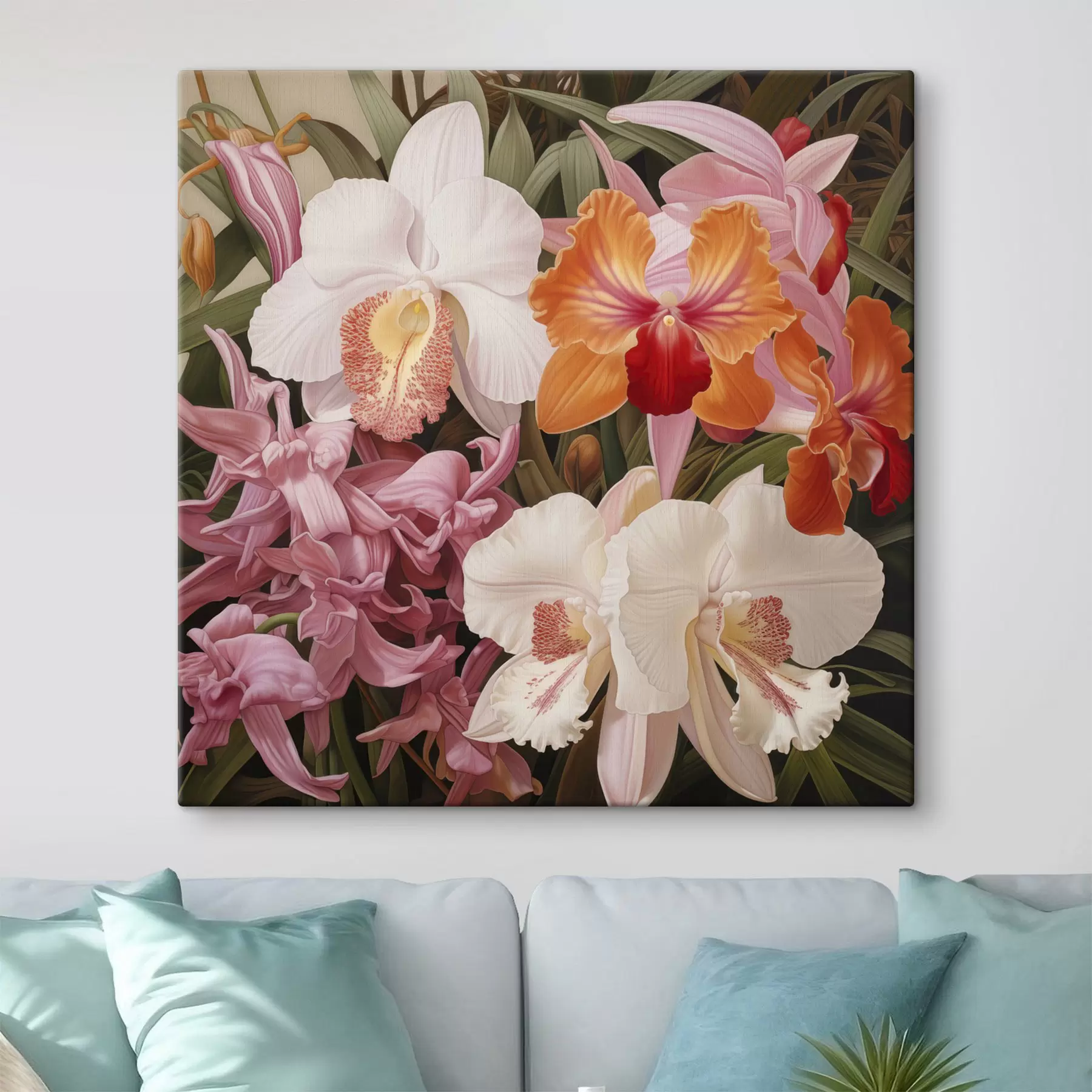 wall murals Tropical flowers bouquet, orchids with green foliage in the background s48385