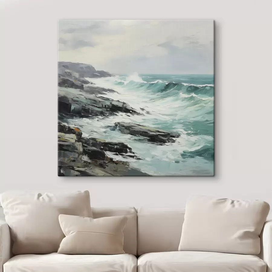 wall murals A rocky coastline landscape with waves under a cloudy sky, painting style s48387