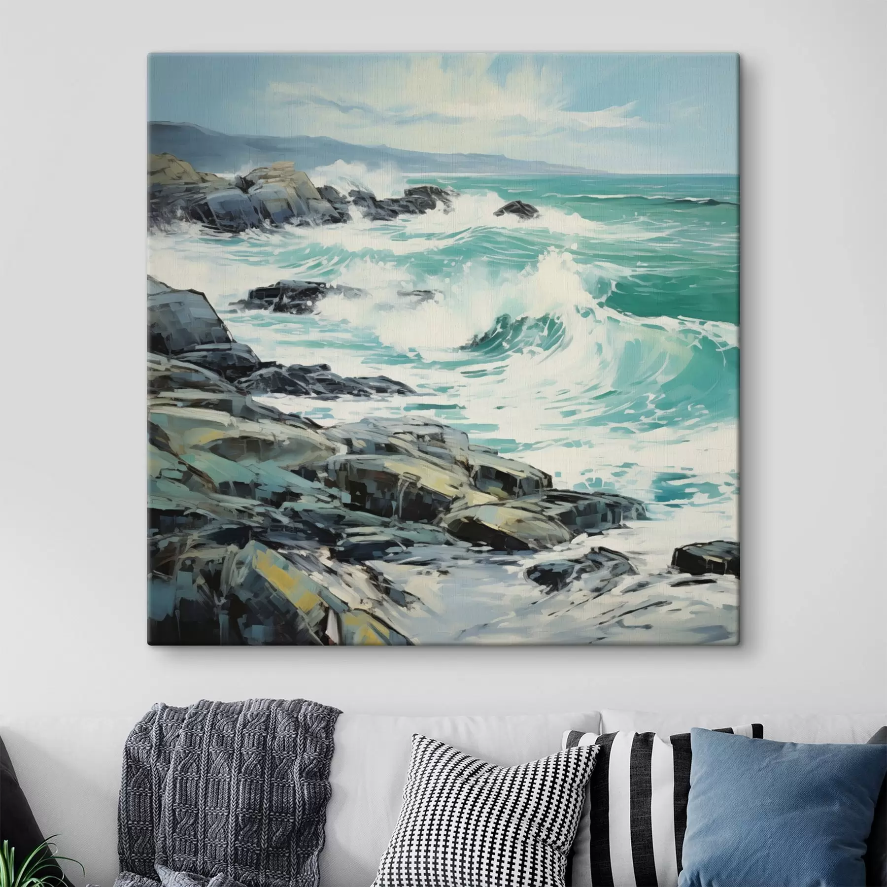 murales Un paisaje de costa rocosa con olas bajo un cielo nublado, estilo pictórico s48388